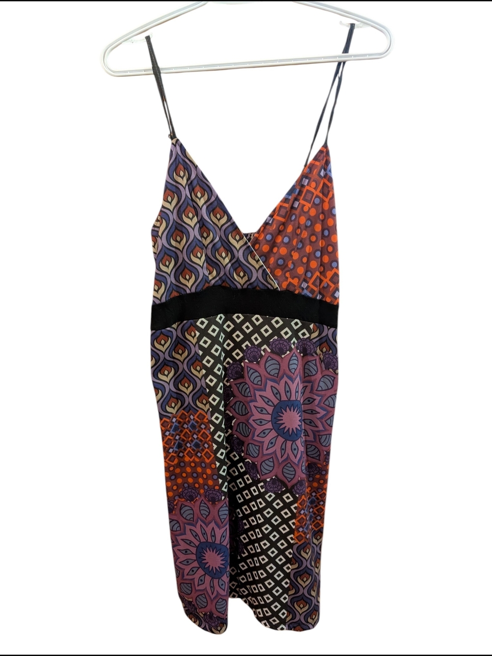 Multi-Pattern Purple & Orange Sleeveless V-Neck Dress